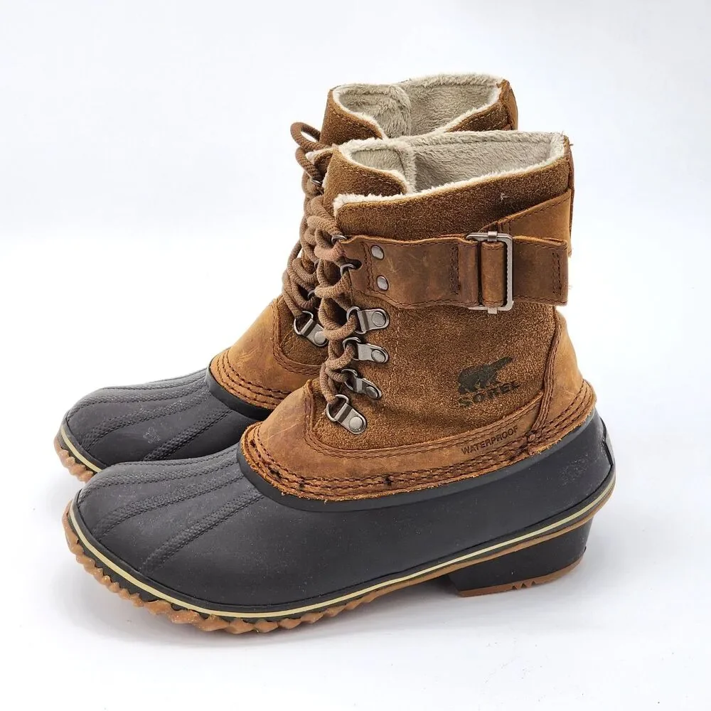 Sorel Winter Fancy Lace II Waterproof Mid Calf Suede Leather Rubber Boots Size 8
